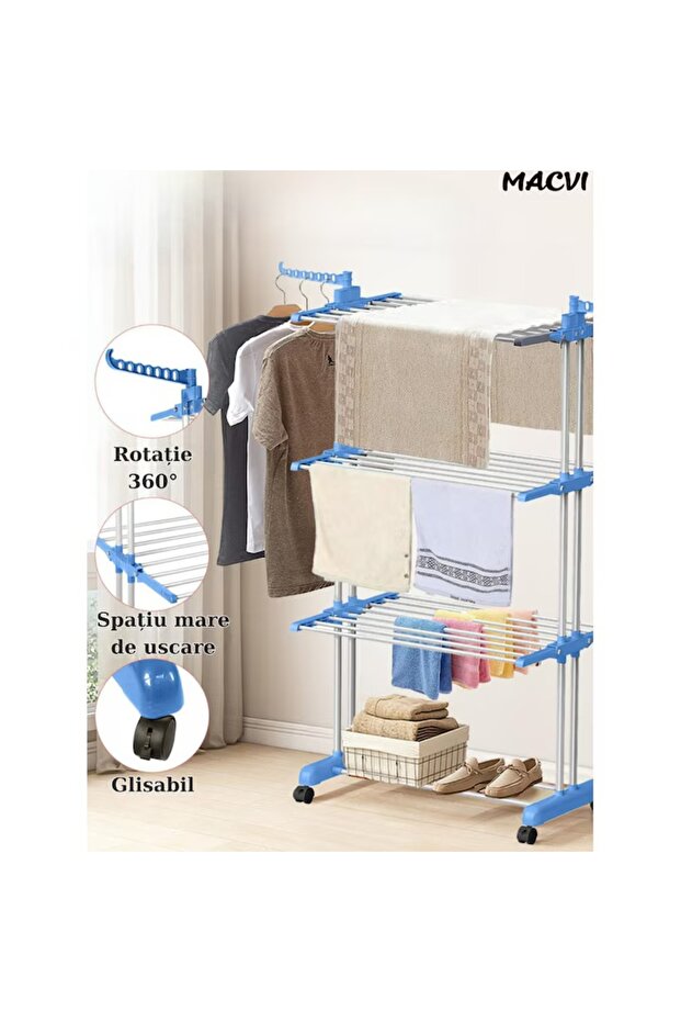 Κάθετο στεγνωτήριο ρούχων Macvi®, με 3 επίπεδα στεγνώματος, κινητό, πτυσσόμενο, κρεμάστρα, μπλε - 3