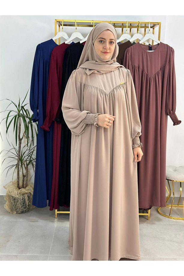 tesettür önü V model büzgülü elbise ,sufle esarp takım ,abaya hijap bej renk - 6