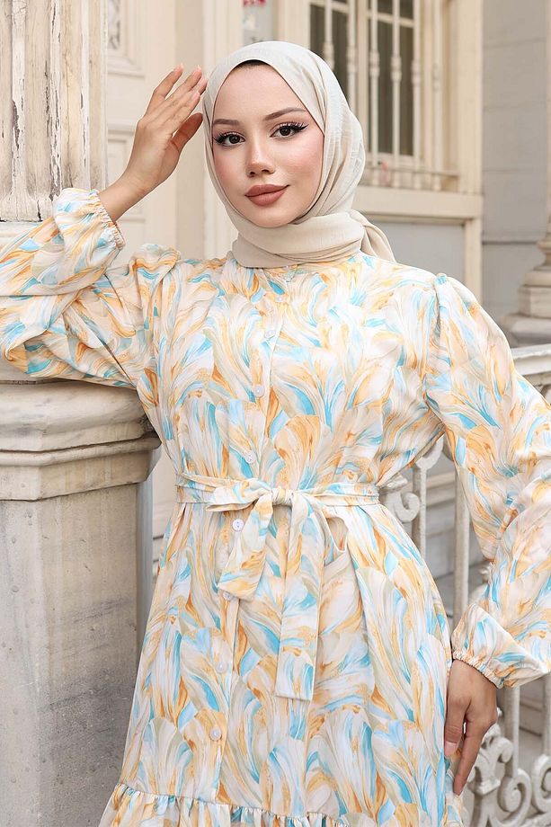 Desenli Tesettür Elbise Sarı 538 - 3