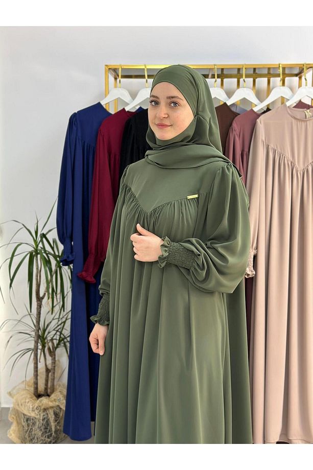 tesettür önü V model büzgülü elbise ,sufle esarp takım ,abaya hijap yeşil - 6
