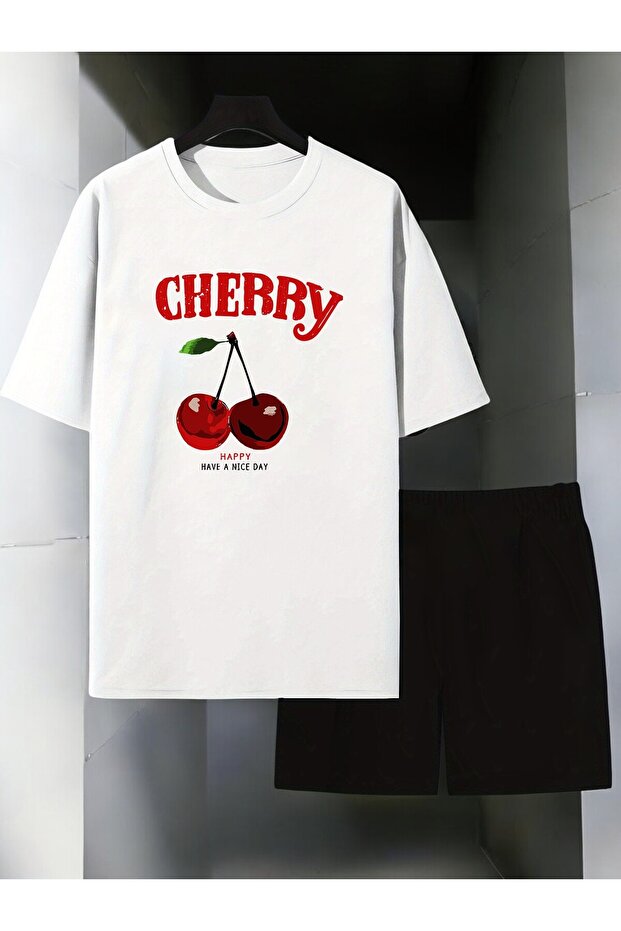Unisex Happy Cherry Printed Design Shorts Set