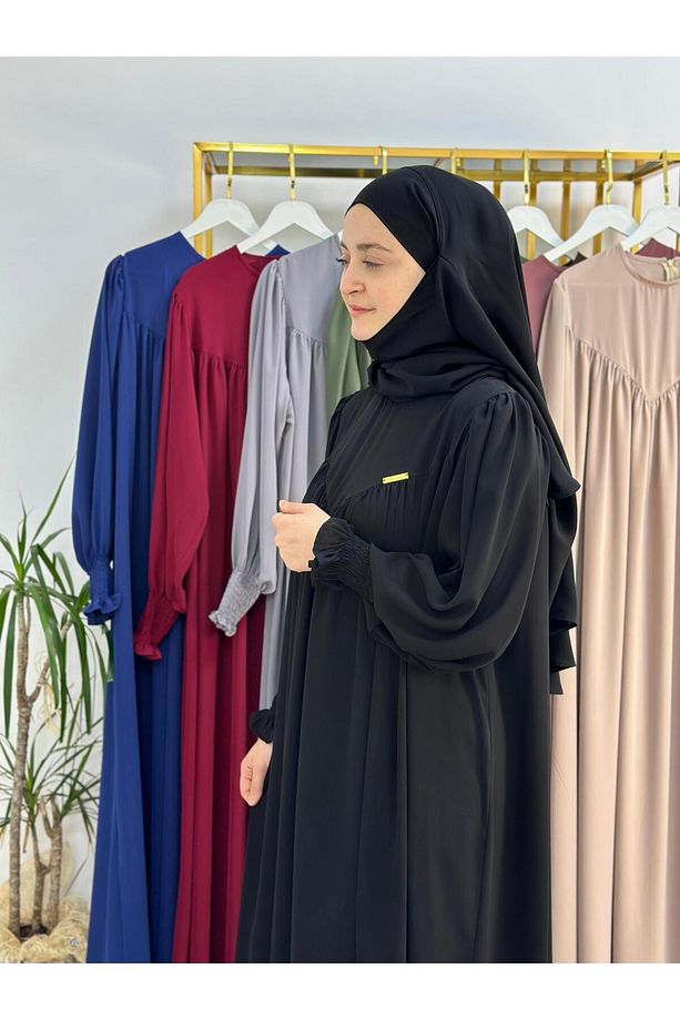 tesettür önü V model büzgülü elbise ,sufle esarp takım ,abaya hijap siyah - 6