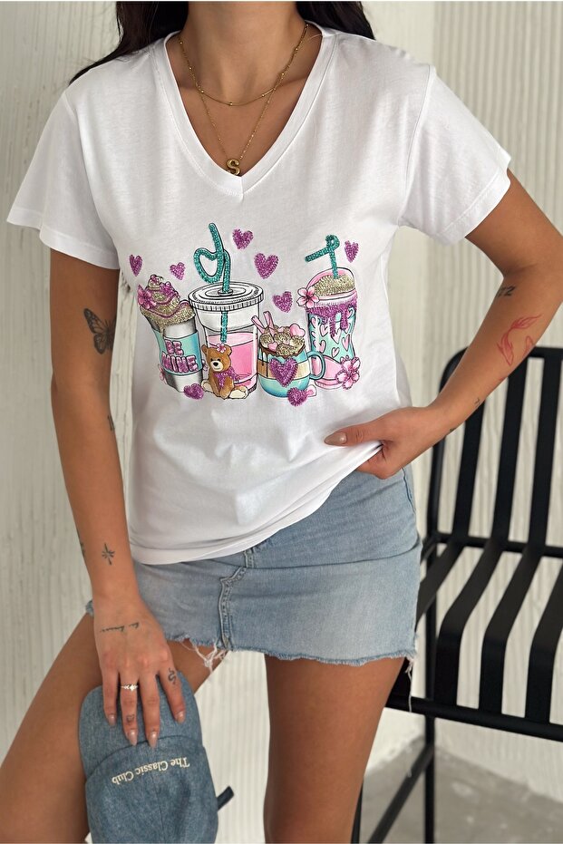 Women's White V-Neck Design Sequin Embroidered 100% Cotton T-Shirt