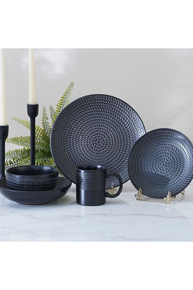 Angelika 18-Pc Stoneware Dinner Set-Black-Serves 4
