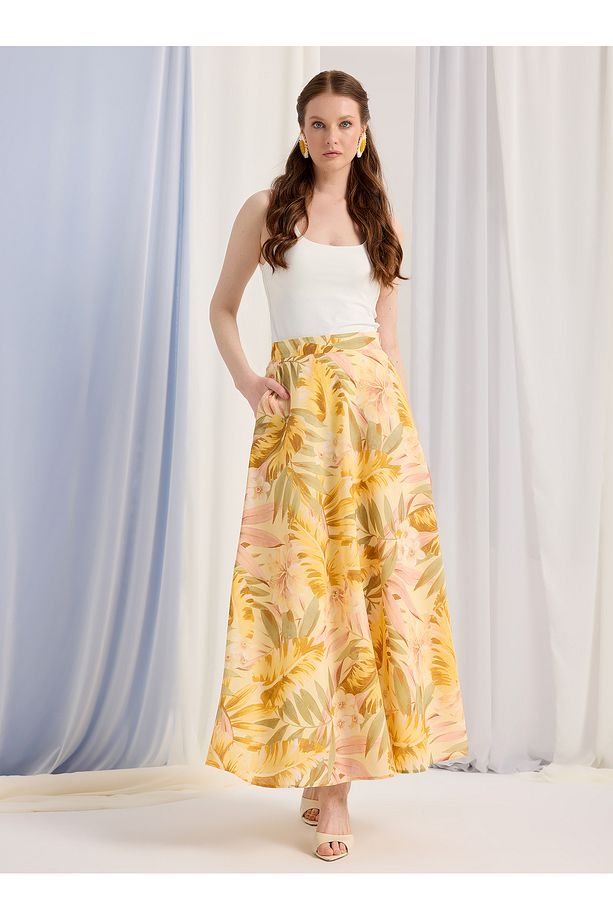 Sari Cicekli Piliseli Maxi Etek - 2
