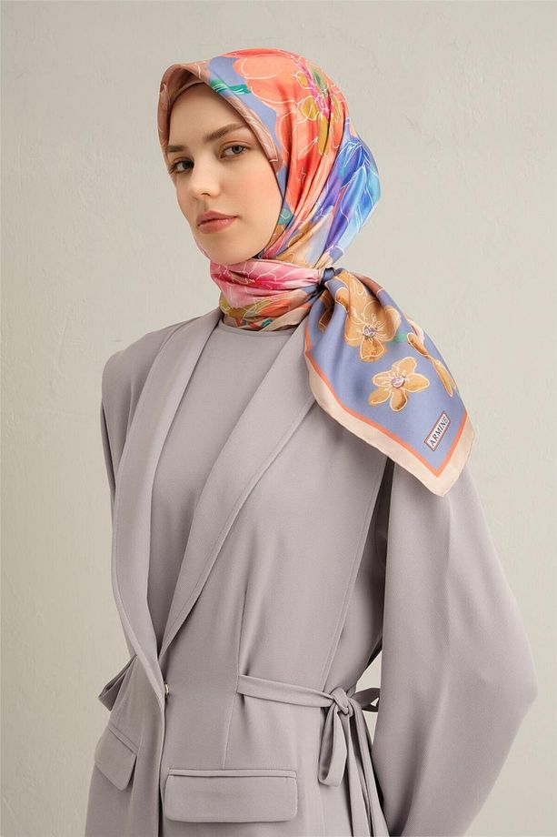 Desenli Saf Ipek Twill Eşarp 9318- 07 - 3