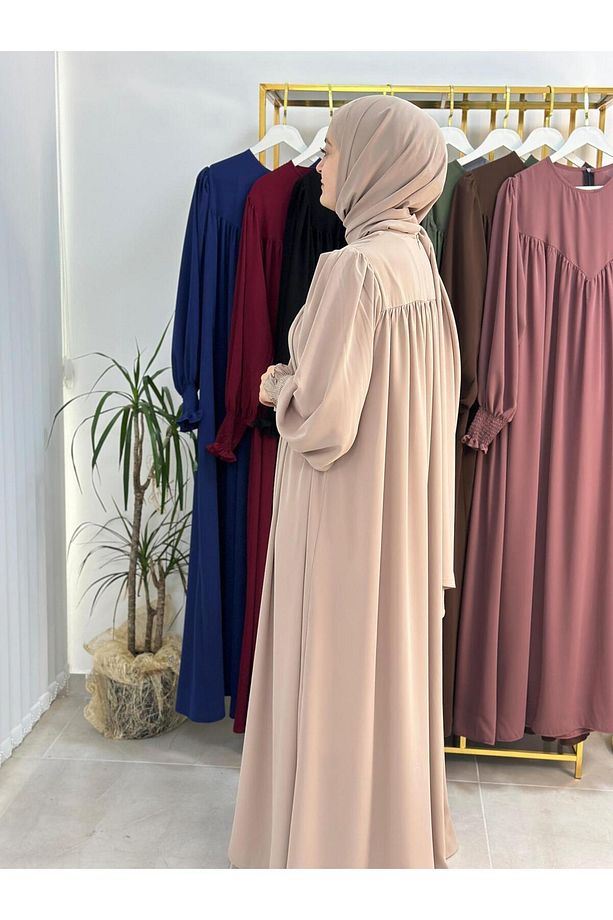 şallı takım,tesettür önü V model büzgülü elbise ,abaya hijab,ferrace hac ve umre ıcınde uygundur bej - 3