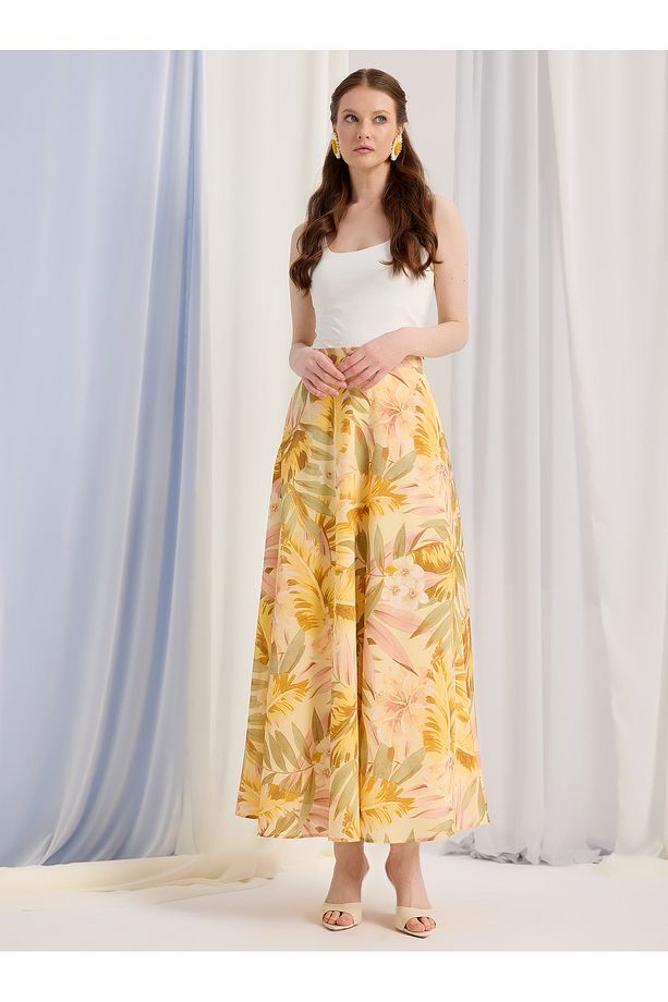 Sari Cicekli Piliseli Maxi Etek - 3