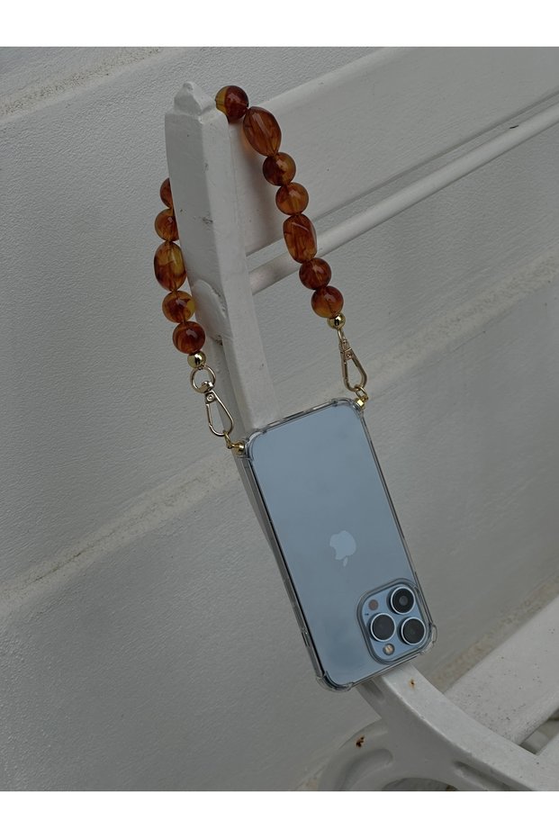 iPhone 14 Pro Compatible Stone Detailed Strap and Transparent Case - Design Phone Case and Strap
