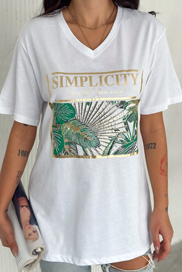 Women's White V-Neck Large Size Leaf Sequin Sequin Embroidered 100% Cotton Large Size T-Shirt