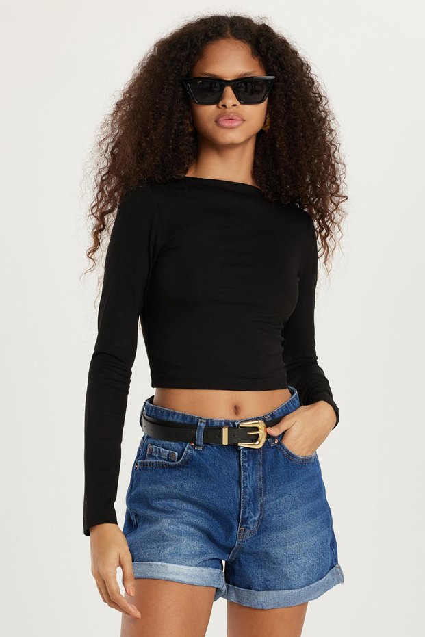 Women's Slim Fit Slim Fit Crew Neck Back Detailed Black Blouse