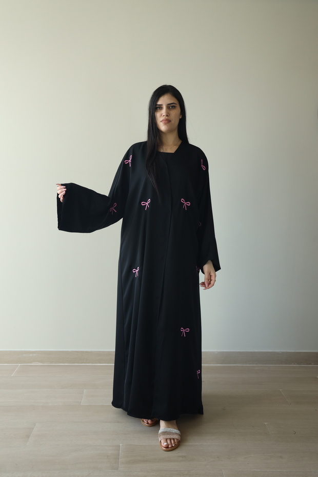 Ladies Abaya - Pink Bow Embroidery on Body Black abaya