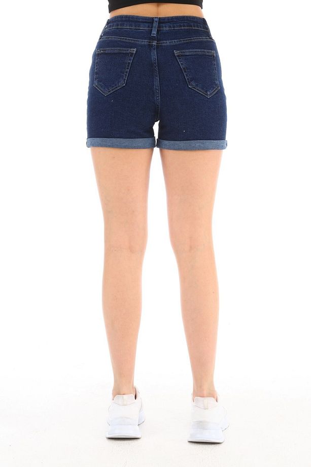 Kadın Yüksek Bel Duble Paça Kot Şort Klasik Mini Jean Şort C604 - 7