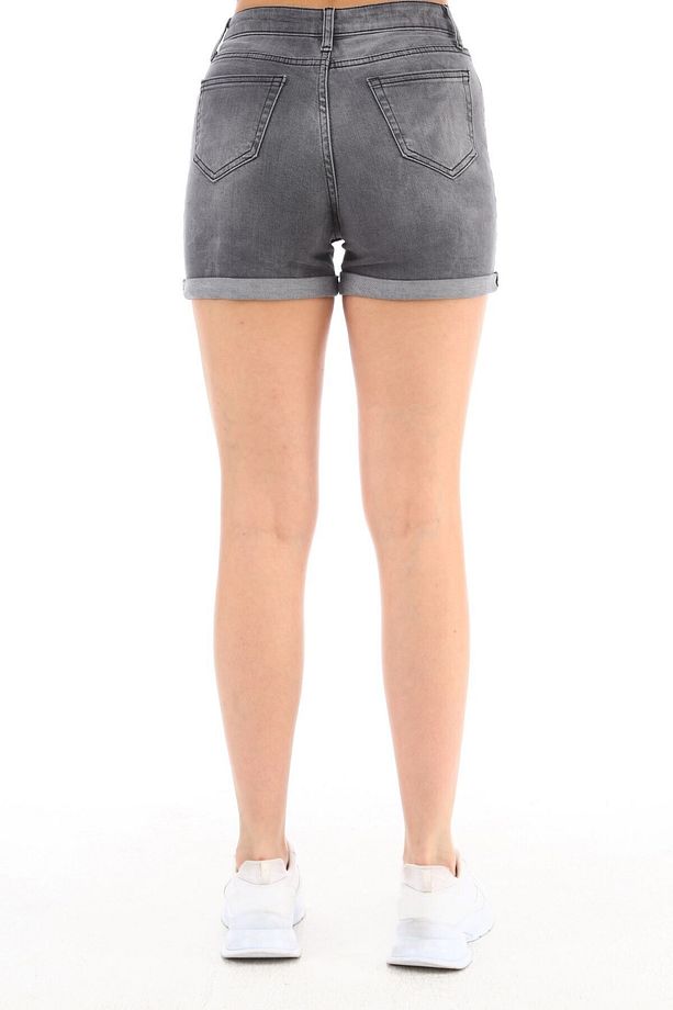 Kadın Yüksek Bel Duble Paça Kot Şort Klasik Mini Jean Şort C604 - 7