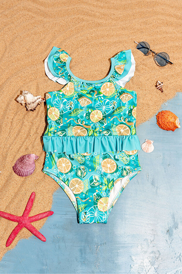 Lemon patterned shoulder ruffle detailed girl's swimsuit