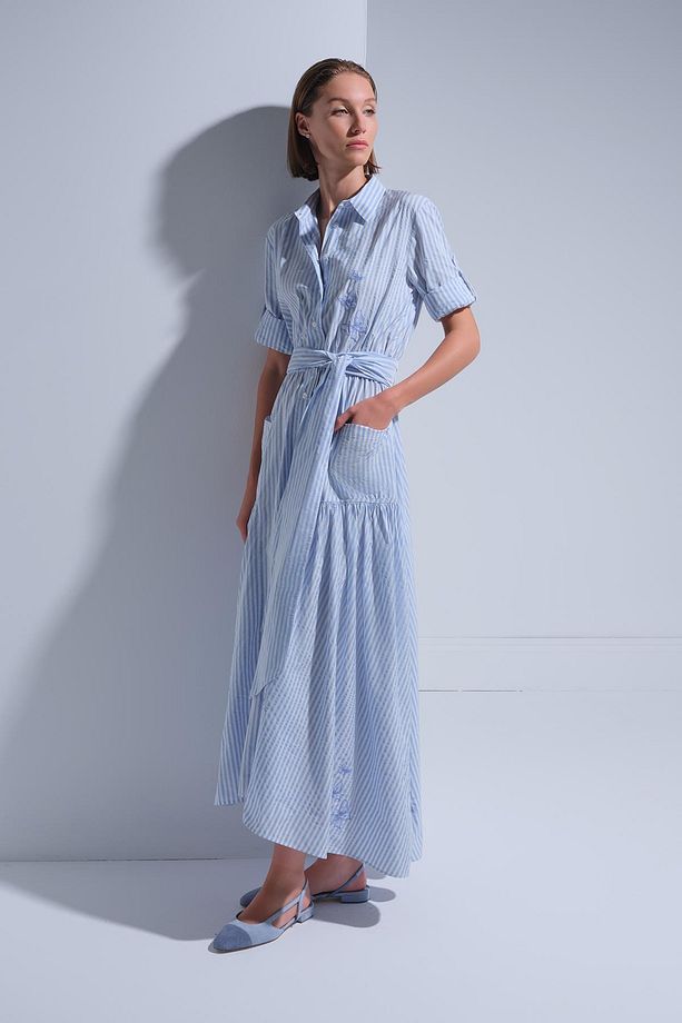 Kuşak Detaylı Kumaş Maxi Gömlek Elbise - 3