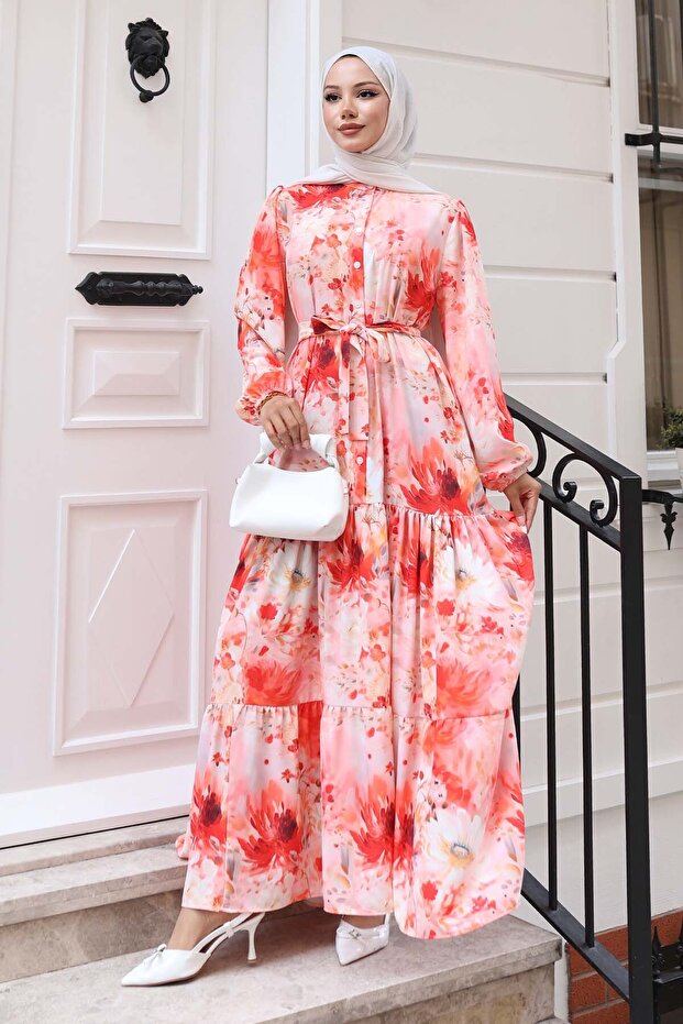 Patterned Hijab Dress Salmon 526