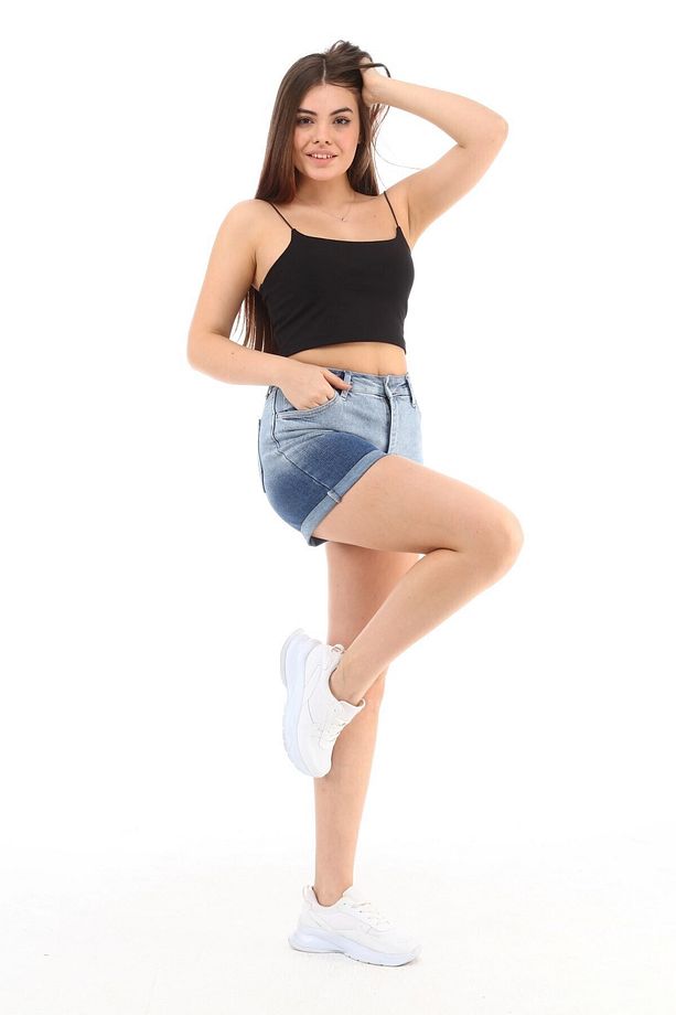 Kadın Yüksek Bel Duble Paça Kot Şort Klasik Mini Jean Şort C604 - 4