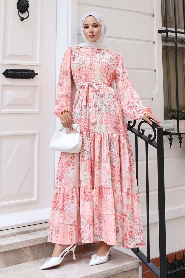 Patterned Hijab Dress Salmon 520