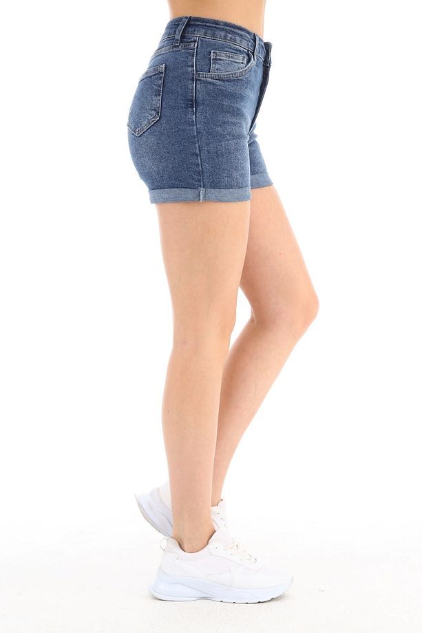 Kadın Yüksek Bel Duble Paça Kot Şort Klasik Mini Jean Şort C604 - 6