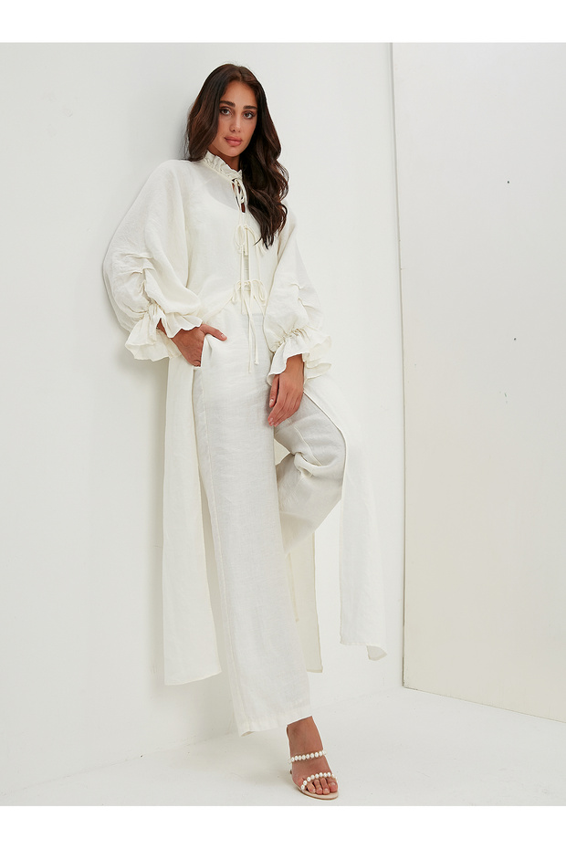 100% Linen Balloon Sleeve Detail White Linen Kimono Set