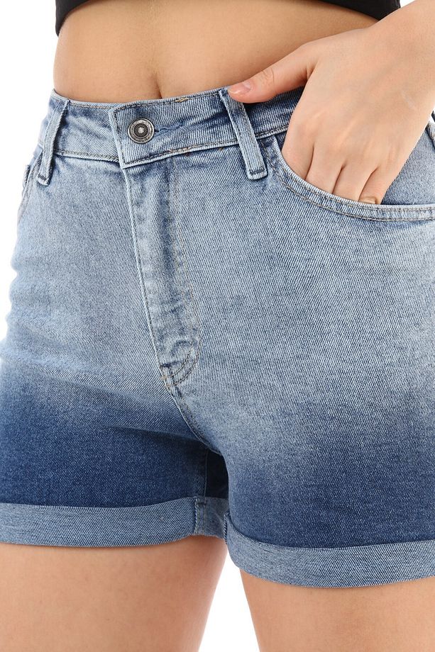 Kadın Yüksek Bel Duble Paça Kot Şort Klasik Mini Jean Şort C604 - 7