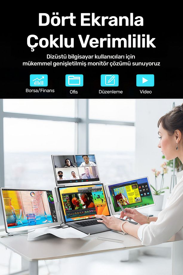 NPM788 16" FHD 1200p IPS Type-C Taşınabilir 3'lü Monitör Çoklayıcı Standlı Notebook Monitör - 6