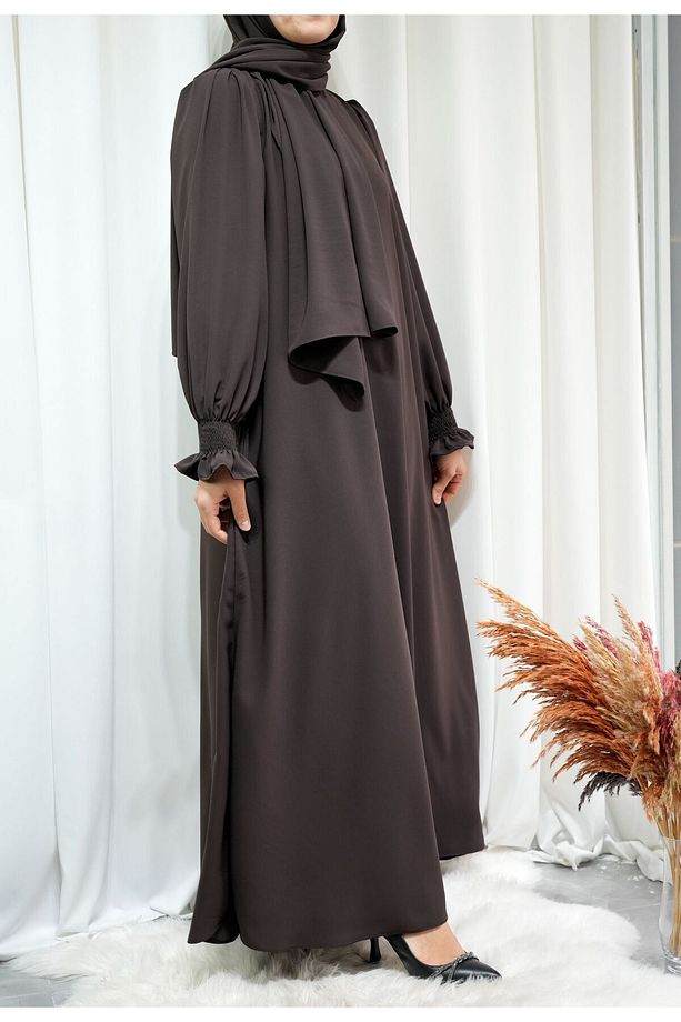 Model Meryem Medine İpeği Çiçek Kol Detaylı Tesettür Elbise (Şal Dahil) - Acı Kahve - MERYEM01005Ş - 6