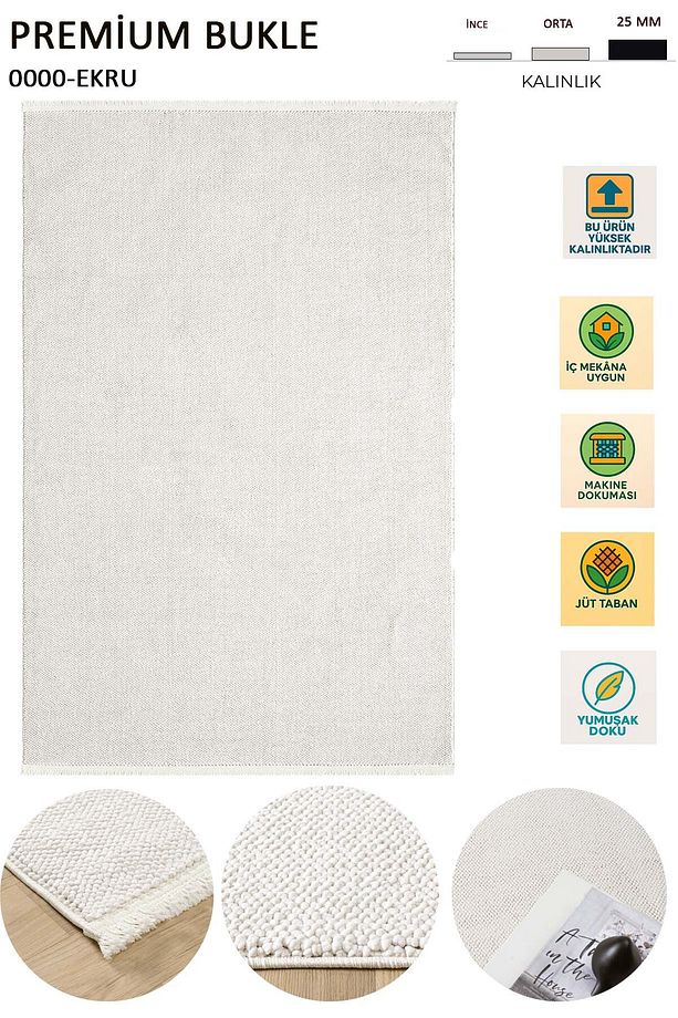 Beyaz Yumuşak Bukleli Loop Dokuma Oturma Odası Salon Halısı Yolluk - 2