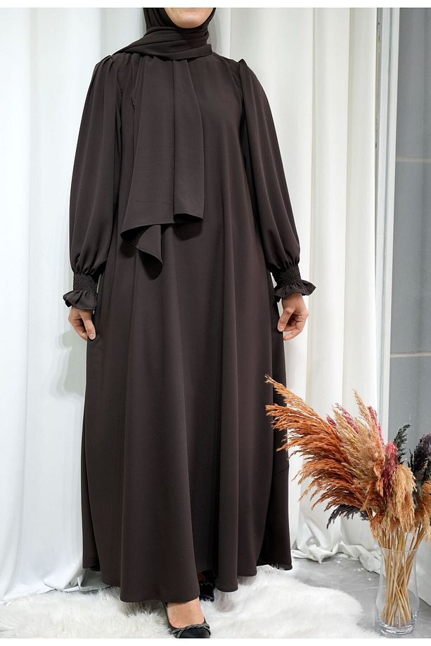 Model Meryem Medine İpeği Çiçek Kol Detaylı Tesettür Elbise (Şal Dahil) - Acı Kahve - MERYEM01005Ş - 5
