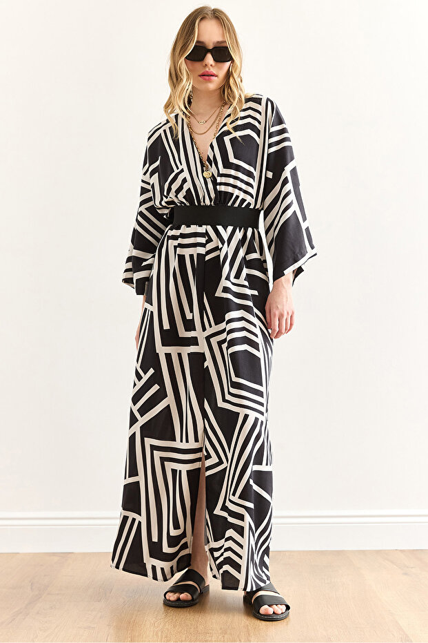 Women's Geometric Black Double Breasted Collar Elastic Waist Maxi Slit Viscose Dress Elb-19002383
