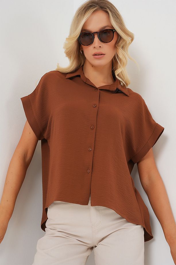 Kadın Oversize Kısa Kol Gömlek 20322 - Taba - 4