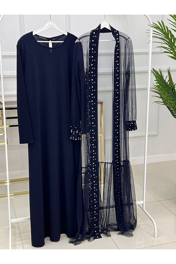 Kadın Tesettür 2'Li Abaya , İnci Çakma Tül Kumaş Elbise - 3