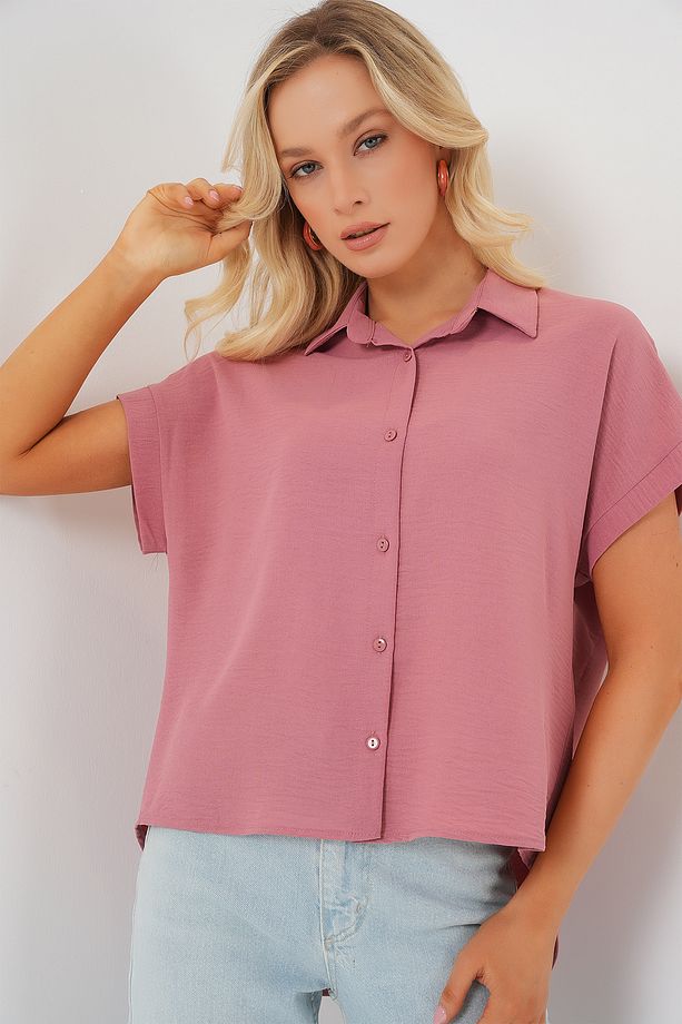 Kadın Oversize Kısa Kol Gömlek 20322 - Pembe - 4
