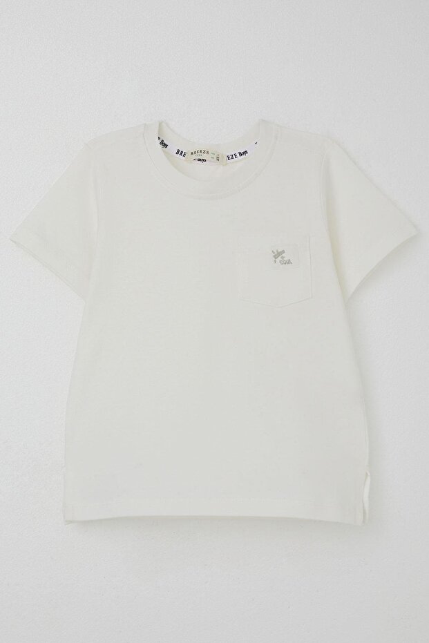 Boy's T-Shirt Cool Text Emblem Pocket 1.5-5 Years, Ecru