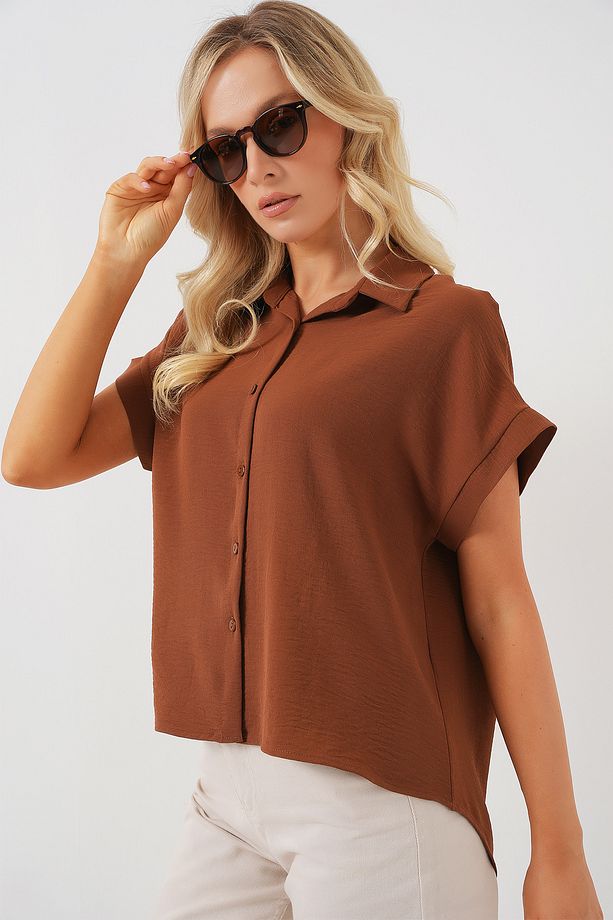 Kadın Oversize Kısa Kol Gömlek 20322 - Taba - 3