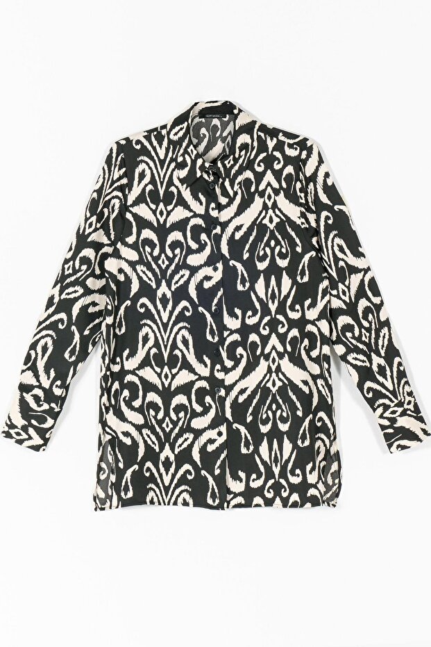 قميص أسود من الساتان منقوش - 1