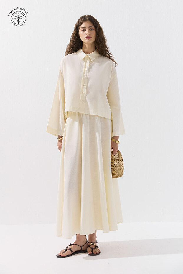 Lyocell Keten Basic Kısa Ekru Gömlek - 1