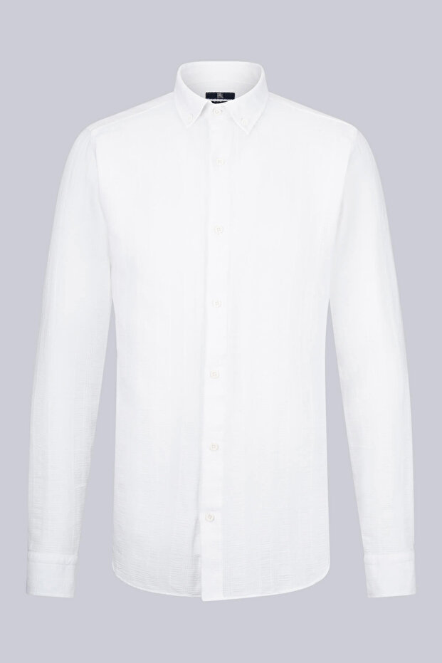 White Comfort Fit Button Collar Long Sleeve Cotton Shirt