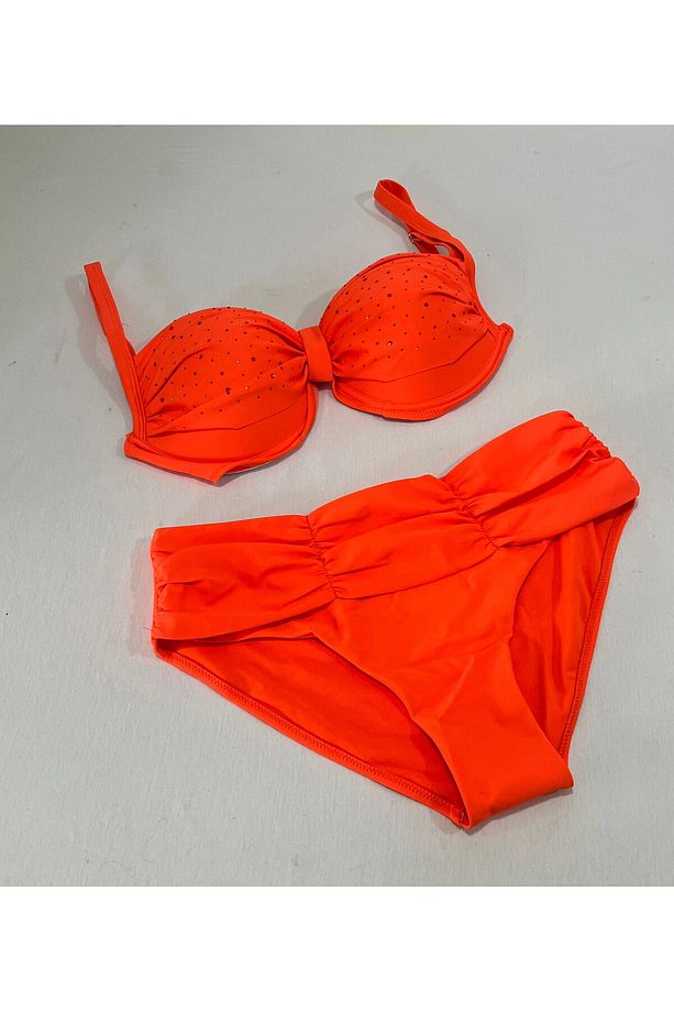 Kadın Turuncu Taş İşlemeli Astarlı Büyük Beden Bikini Takımı HZL25S-LC01 - 2