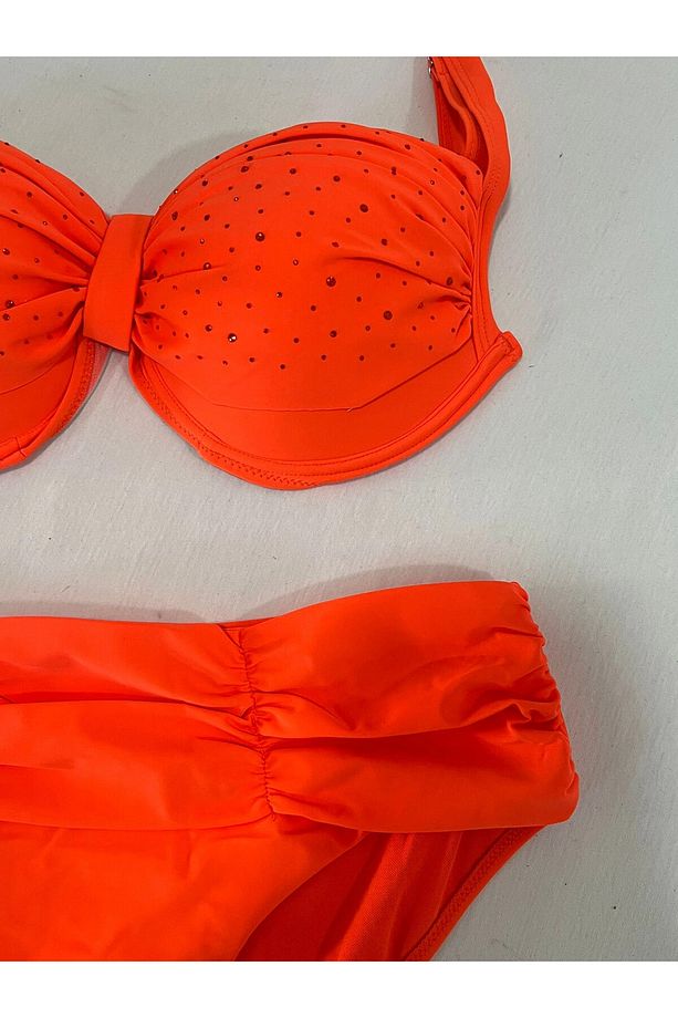 Kadın Turuncu Taş İşlemeli Astarlı Büyük Beden Bikini Takımı HZL25S-LC01 - 3