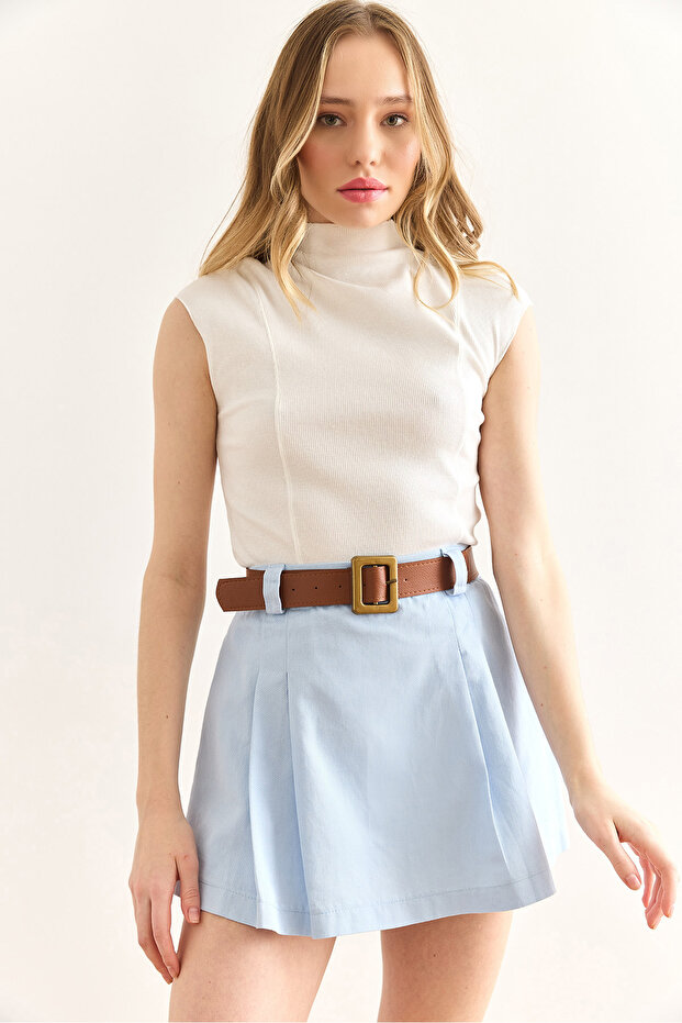 Women's Blue Belted Gabardine Skirt with Shorts Etk-19000324