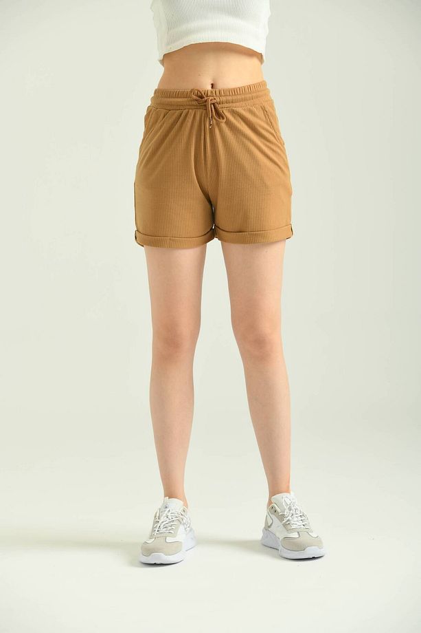 Camel Fitilli Cep Detaylı Örme Şort - 6