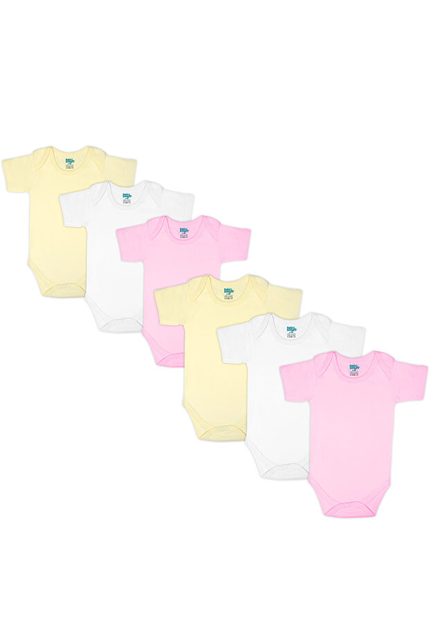 Short Sleeves Romper/Bodysuit. Set of 6 - Pink, Lemon, Cream, 0-3 Months