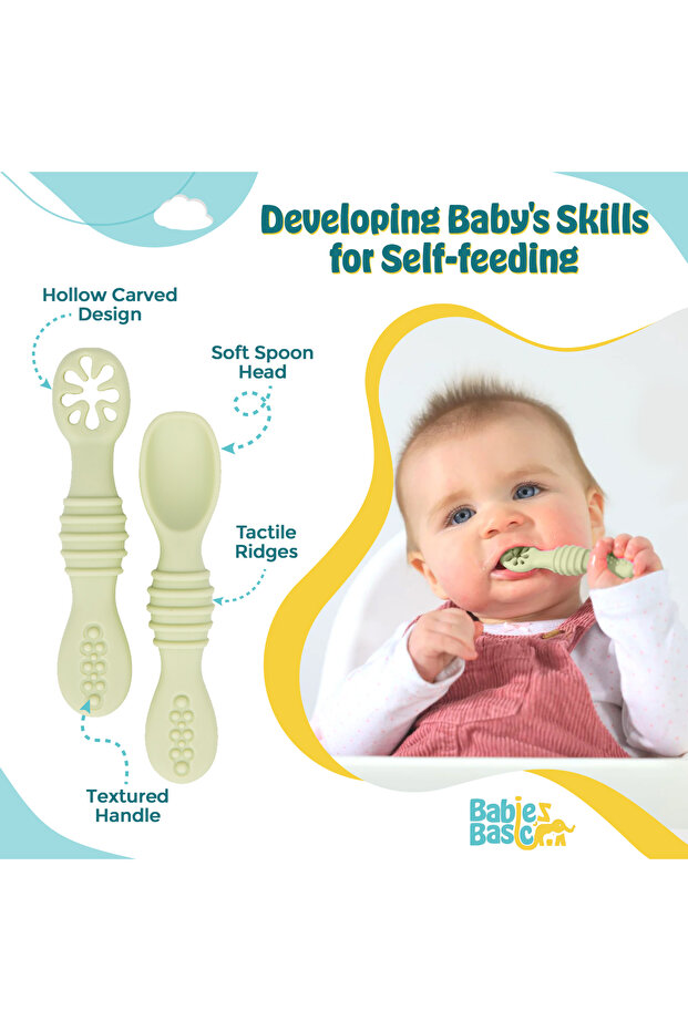 BabiesBasic Soft Tip BPA Free Silicone First Stage Training Spoon with Masher- Mint - 2