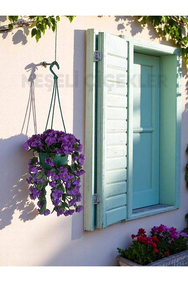 Yapay Çiçek Askılı Balkon Saksısı Balkon Çiçeği 25x75 cm Sarkan Mor Begonvil Dekoratif Yapay Çiçek - 3