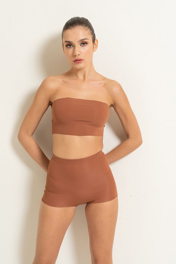 Yüksek Bel Taba Mini Korse Şort - 2