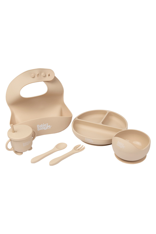 BabiesBasic Feeding Set, 6 Piece, Silicone Plate, Bowl, Bib, Spoon , Fork and 2 in 1 Cup - Beige