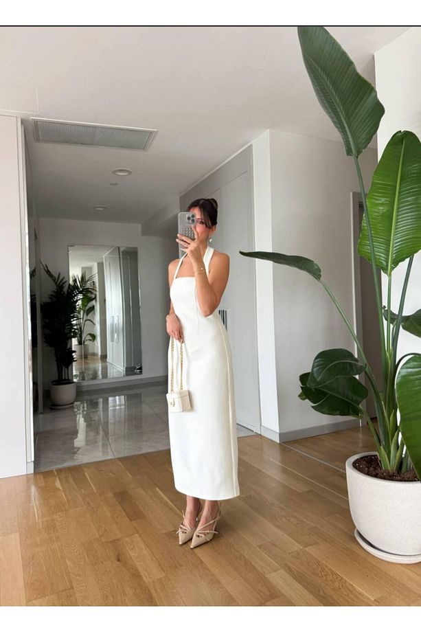 Kadın Halter Yaka Midi Dokuma Elbise - 5