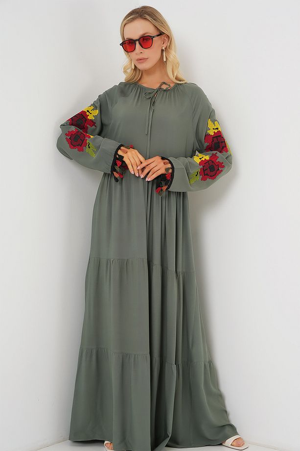 Nakışlı Uzun Elbise 2534 - Haki - 3